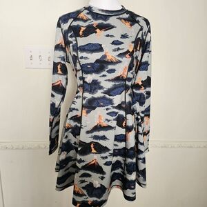 Hot Lava Volcano Print Dress Long-Sleeve Scuba Skater Y2K '90s Fit & Flare Small